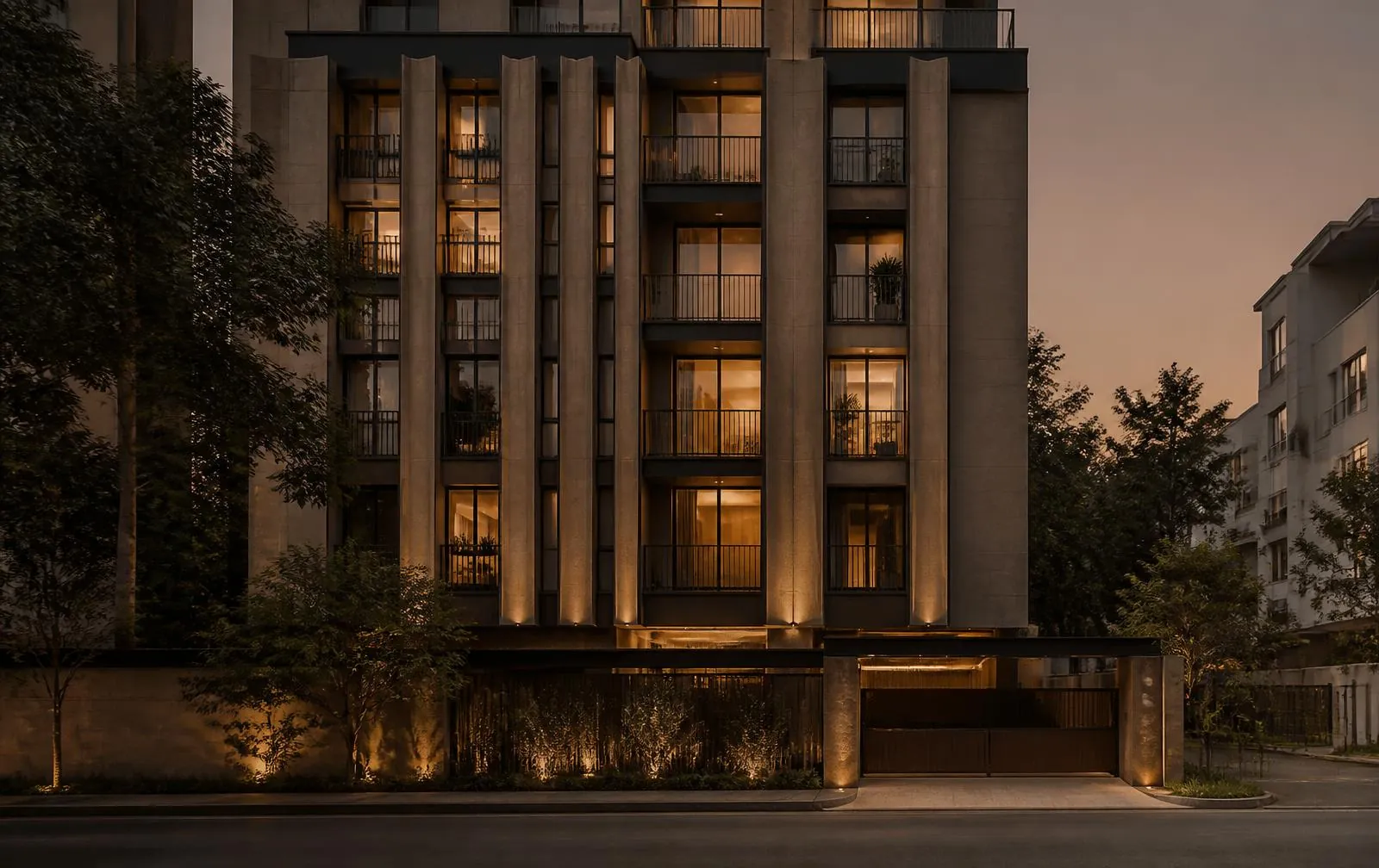 Completed residence at dusk with warm interior light